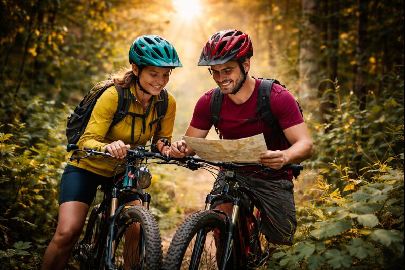 Mountain biker descending a forest singletrack