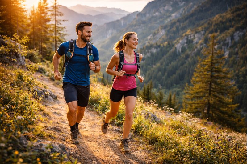 Bikepacker riding through open countryside at sunset